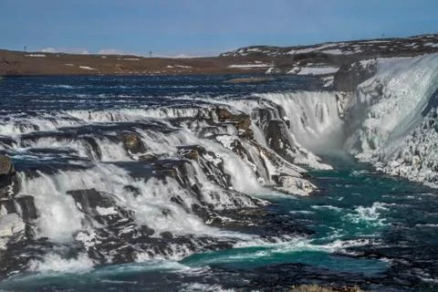 Gullfoss waterfall view and winter Lanscape picture in the winter season Stock Photos
