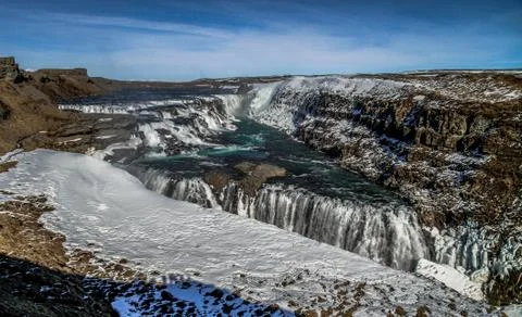 Gullfoss waterfall view and winter Lanscape picture in the winter season Stock Photos