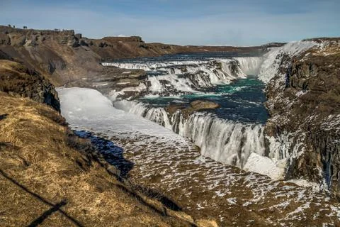 Gullfoss waterfall view and winter Lanscape picture in the winter season Stock Photos