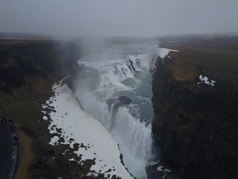 Gullfoss Waterfall in Winter by Drone Stock Footage 84784337