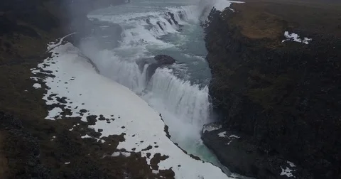 Gullfoss Waterfall in Winter by Drone Stock Footage 84784345