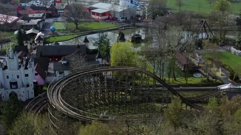 Gulliver's world Warrington rollercoaster theme park aerial view above Stock Footage 151472089