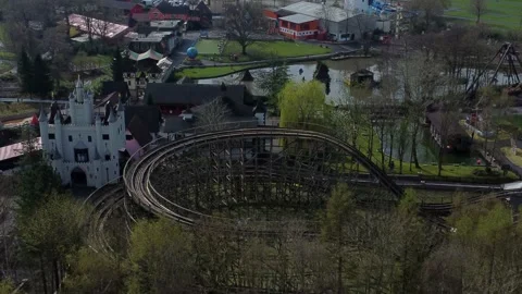 Gulliver's world Warrington rollercoaster theme park aerial view above Stock Footage 151472149
