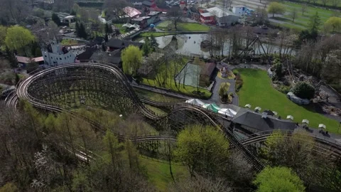 Gulliver's world Warrington rollercoaster theme park aerial view overhead Stock Footage 151472171