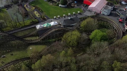 Gulliver's world Warrington rollercoaster theme park aerial view above Stock Footage 151472226