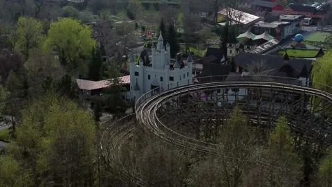 Gulliver's world Warrington rollercoaster theme park aerial view above Stock Footage 151472390