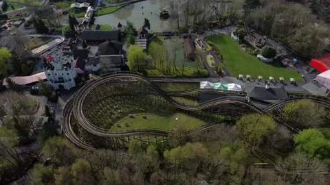 Gulliver's world Warrington rollercoaster theme park aerial view above Stock Footage 151472427