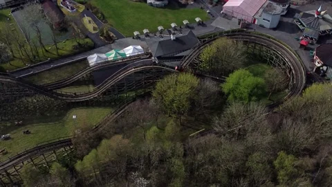 Gulliver's world Warrington rollercoaster theme park aerial view above Stock Footage 151472519