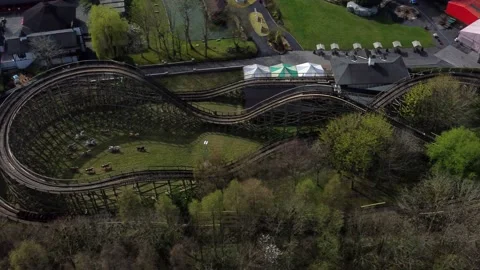 Gulliver's world Warrington rollercoaster theme park aerial view following Stock Footage 151472631