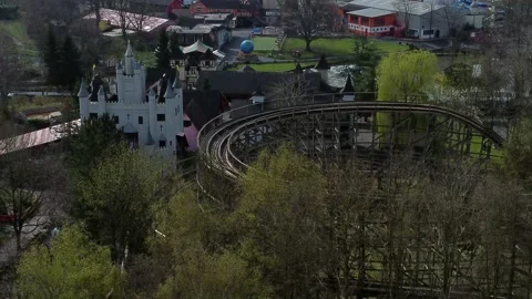 Gulliver's world Warrington rollercoaster theme park aerial view above Stock Footage 151472694