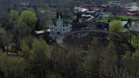 Gulliver's world Warrington rollercoaster theme park aerial view zoom in Stock Footage 151472983