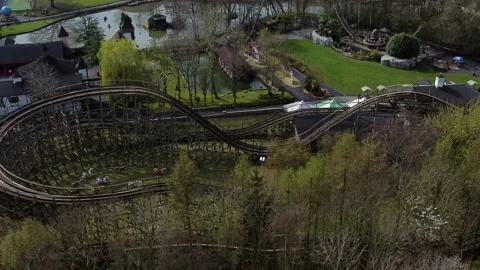 Gulliver's world Warrington rollercoaster theme park aerial view above Stock Footage 151473015