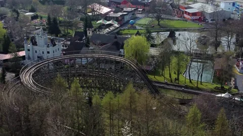 Gulliver's world Warrington rollercoaster theme park aerial view above Stock Footage 151473082