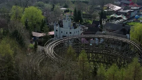 Gulliver's world Warrington rollercoaster theme park castle aerial view Stock Footage 151473121