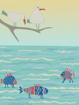 Gulls sit on a branch watching the fish. Fish with female legs Stock Illustration