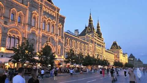 GUM and Red Square in the evening. People walking down the street Stock Footage 166358676