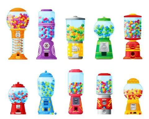 Gumball machine with candy bubble gum or bubblegum Stock Illustration