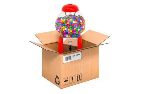 Gumball machine inside cardboard box, delivery concept. 3D rendering Stock Illustration