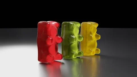 Gummy bears on black reflected surface. 3d rendering Stock Illustration