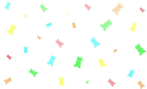 Gummy bears of different colors, in flight, fall downwards. White background Stock Illustration