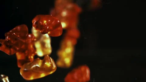 Gummy Bears Fall and Bounce in Slow Motion Stock Footage 300892590
