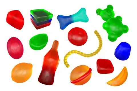 Gummy candy. 3d jelly sweets, cola bottle or fruit soft bubble gum. Cute Illustrazione stock