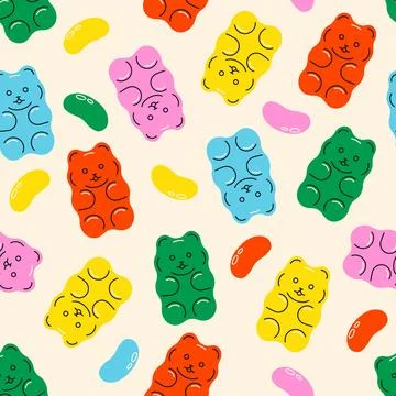 Gummy candy pattern. Seamless print of jelly bears and beans, cartoon Stock Illustration