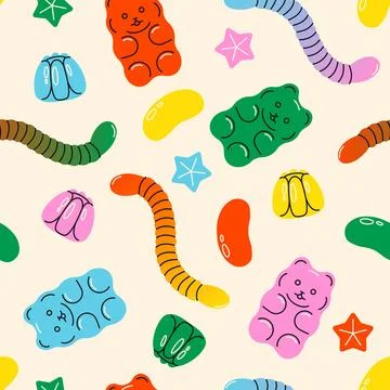 Gummy candy pattern. Seamless print of jelly bears, worms, beans, fruits Stock Illustration
