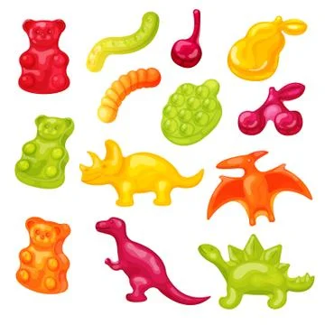 Gummy candy vector illustration set. Cartoon cute sweet jelly bear, marmalade Stock Illustration