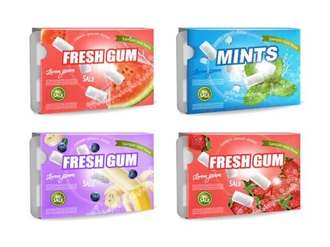 Gums Vector realistic set collection. Product placement detailed label design Stockillustratie