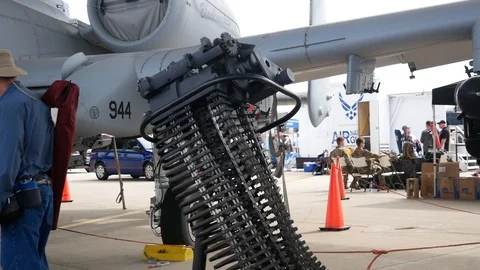 The gun and hardware of a USAF A-10 Thunderbolt II 'Warthog' GAU-8 gatling gun Stock Footage 111609293