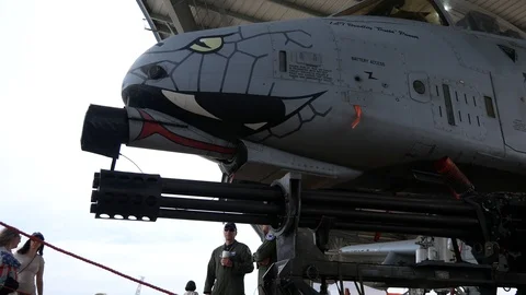 The gun and hardware of a USAF A-10 Thunderbolt II 'Warthog' GAU-8 gatling gun Stock Footage 111609712