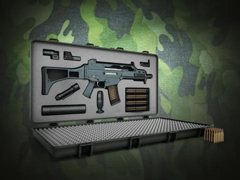 Gun in the briefcase 3d render on a color background Stock Illustration