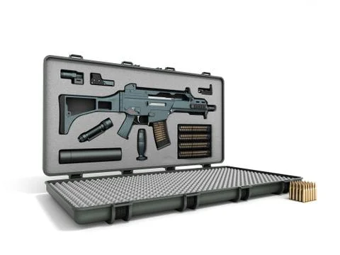 Gun in the briefcase 3d render on a white background Stock Illustration