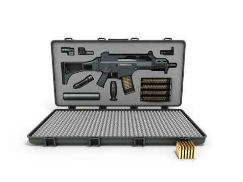 Gun in the briefcase 3d render on a white background Stock Illustration