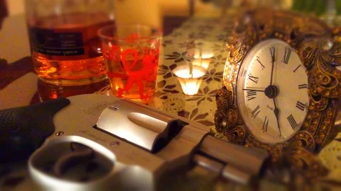 Gun Clock and Whiskey Stock Footage 88629183