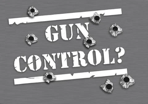 Gun control issue - big stamp saying Gun control with bullet holes in metal Stock Illustration