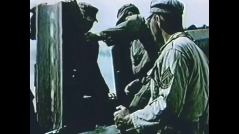 A Gun Crew loads a Mark Nine Shell into an Atomic Cannon and a Panoramic Stock Footage 79512846