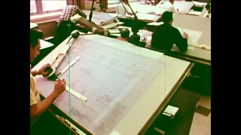 Gun designers draft blueprints in a studio in the 1960s. Stock-Footage 95599069