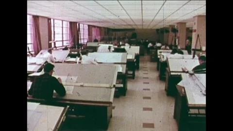 Gun designers draft blueprints in a studio in the 1960s. Stock-Footage 139702561