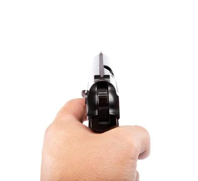 Gun in hand on a white background. Stock Photos
