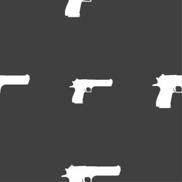 Gun icon sign. Seamless pattern on a gray background. Vector Stock Illustration