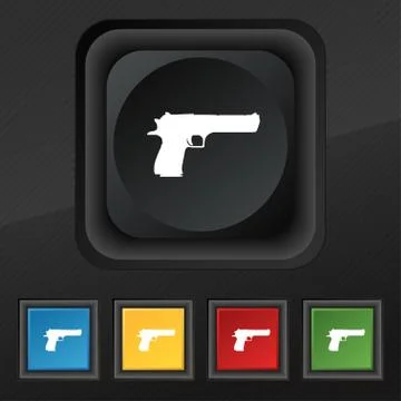 Gun icon symbol. Set of five colorful, stylish buttons on black texture for y Stock Illustration