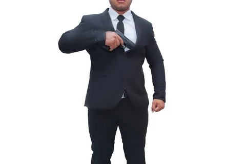 Gun man in black suit pulling pistol from gun cabinet on isolated white backg Stock Photos