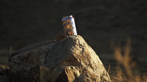 Gun shot exploding cola can on rock in desert, closeup slow motion 스톡 동영상 133206942