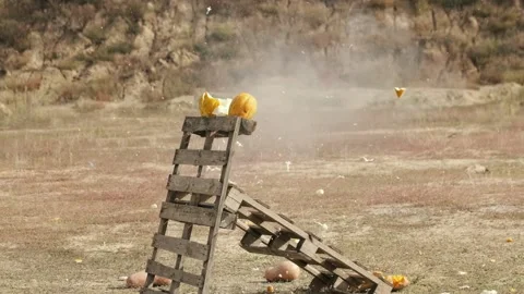 Gun shot into the melons. Falling of the melons and breaking into pieces Stock Footage 169469531