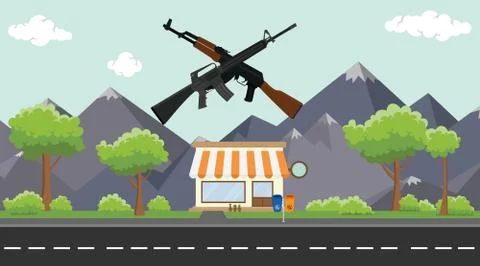 Gun store on sidewalk with tree and mountain as background Stock Illustration