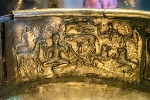 The Gundestrup cauldron is a silver vessel dated from between 200 BC and 30.. Stock Photos