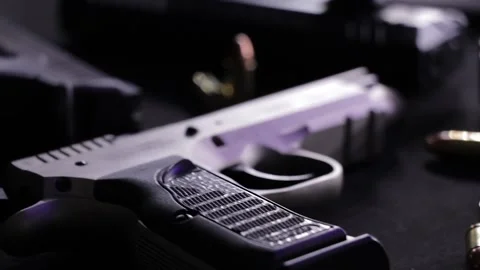 Guns On An Armory Table Stock Footage 170158467