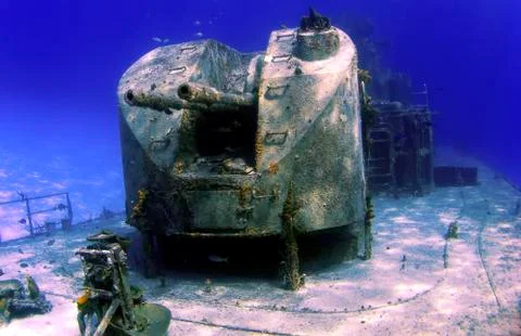 Guns on the deck of a sunken ship Stock Photos